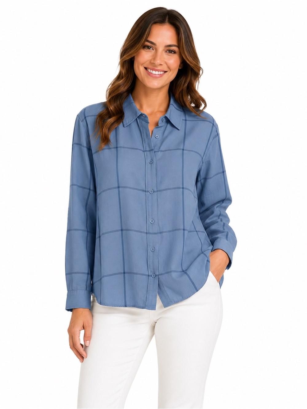 Women’s Blue Windowpane Button-Down Top - 0827